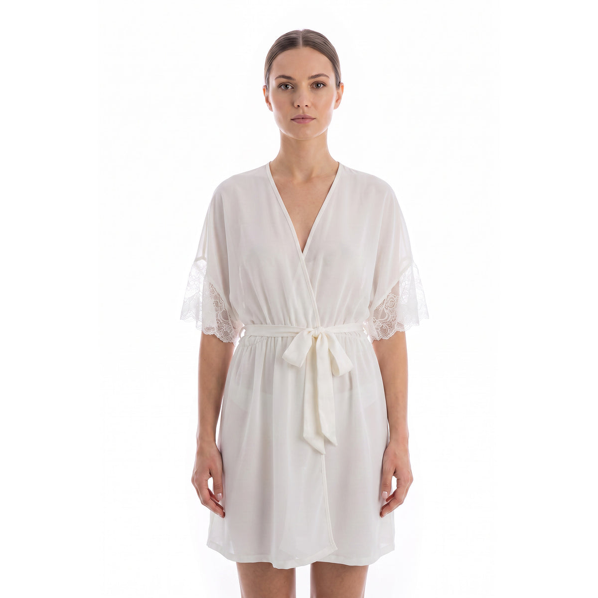 Cinema Etoile Chiffon robe with satin belt and lace trimmed sleeves - CA64321