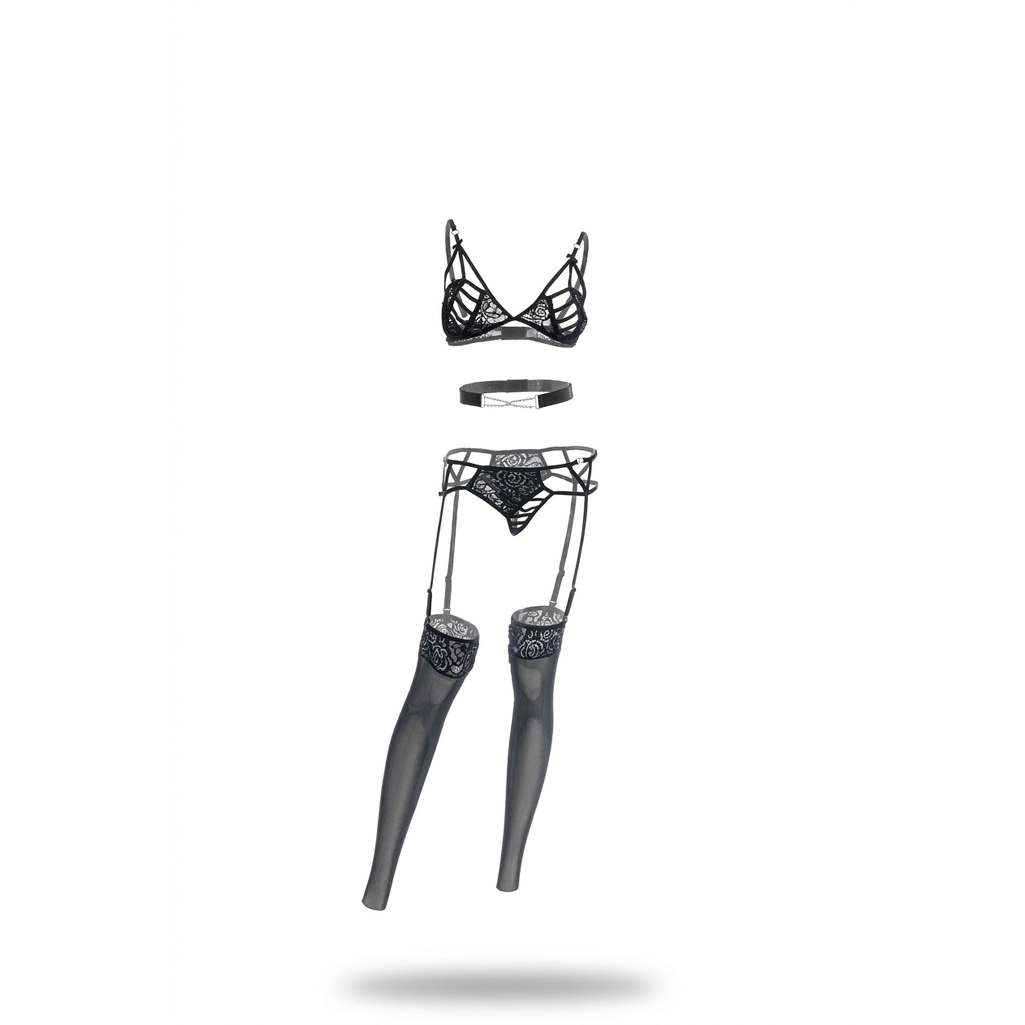 G World 3 Pc Bra & Garter Panty Set-CABL2141