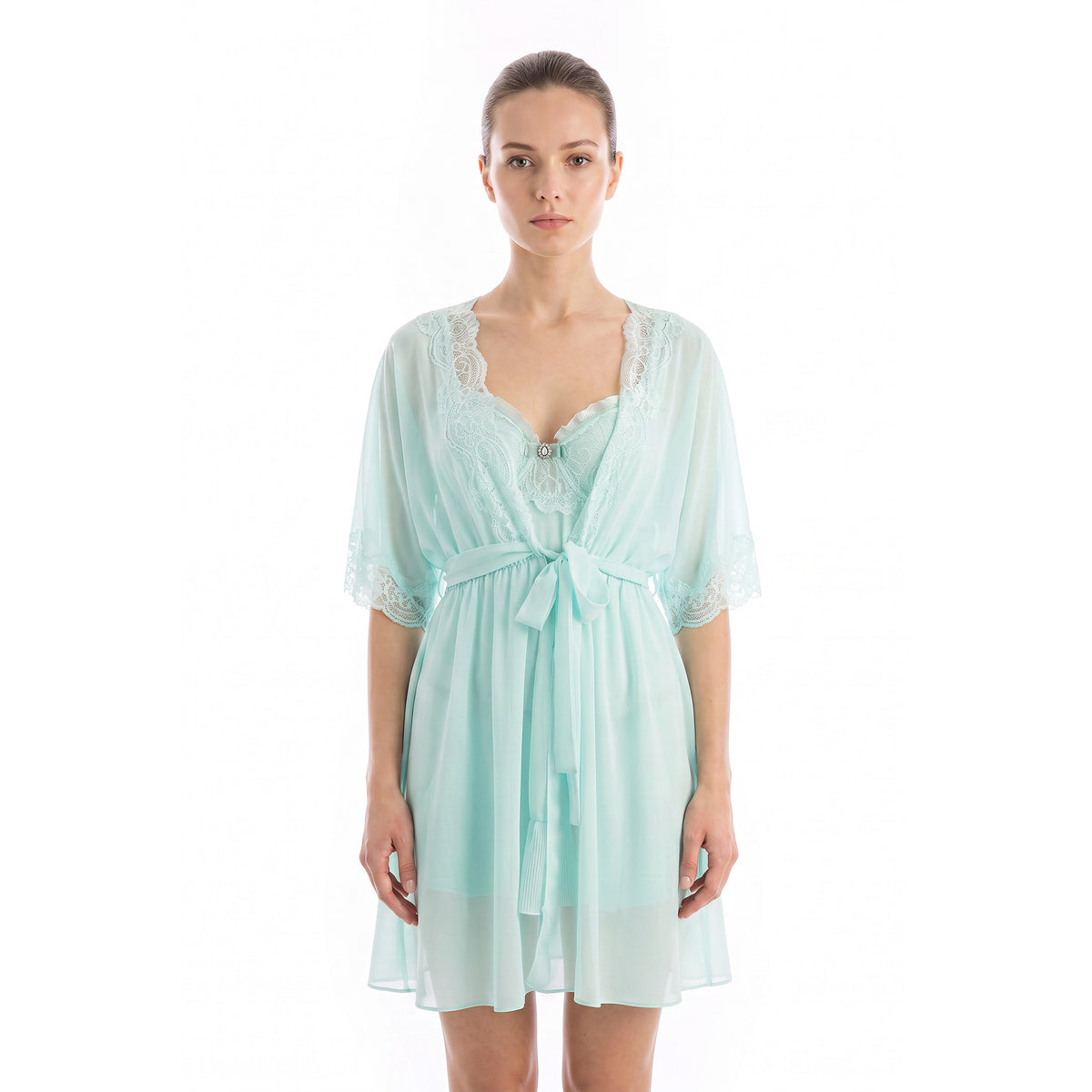 Cinema Etoile Molded cup chiffon and lace babydoll and robe set - CA49784