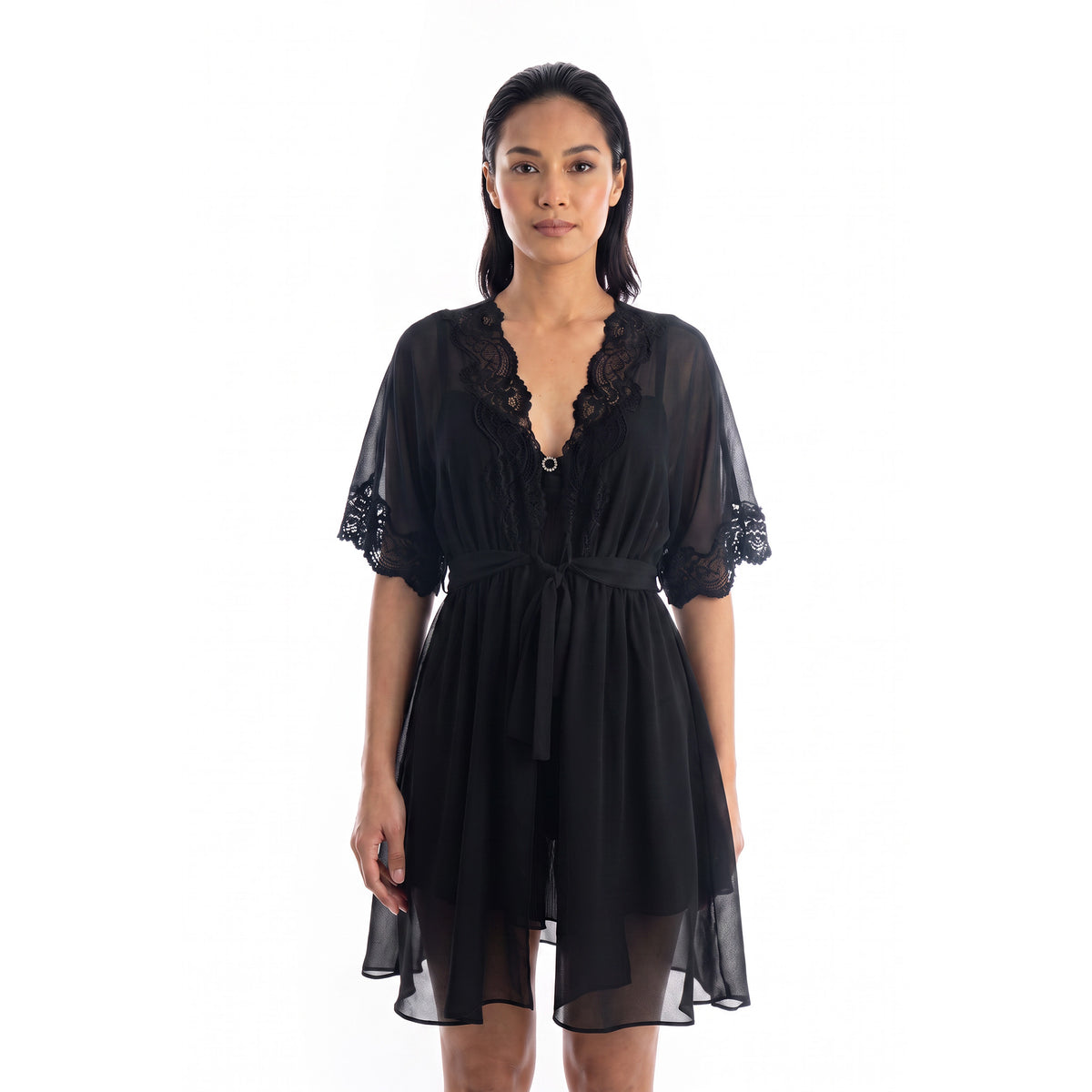 Cinema Etoile Molded cup chiffon and lace babydoll and robe set - CA49784